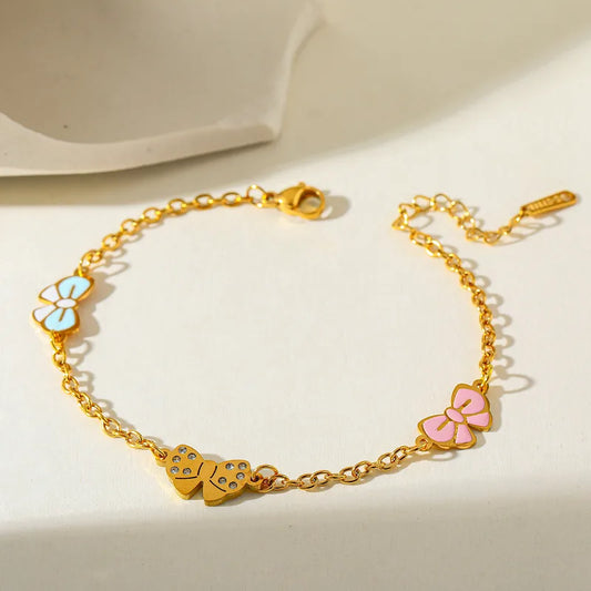 Elegant Double Layer Butterfly Knot Pendant 18K Gold Plated Stainless Steel Zirconia Stone Bracelet Casual Romantic Women's Style