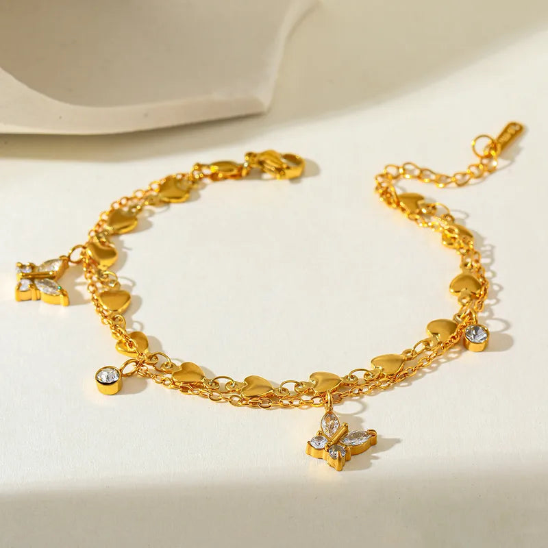 Elegant Double Layer Butterfly Knot Pendant 18K Gold Plated Stainless Steel Zirconia Stone Bracelet Casual Romantic Women's Style