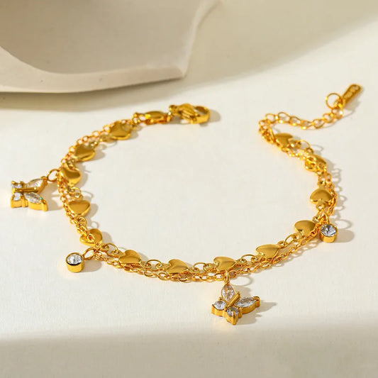 Elegant Double Layer Butterfly Knot Pendant 18K Gold Plated Stainless Steel Zirconia Stone Bracelet Casual Romantic Women's Style
