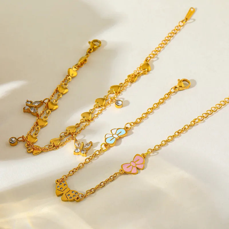 Elegant Double Layer Butterfly Knot Pendant 18K Gold Plated Stainless Steel Zirconia Stone Bracelet Casual Romantic Women's Style