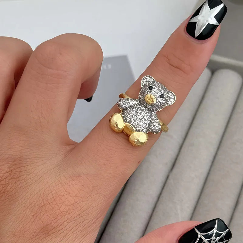 Elegant Dual-Tone Gold And Copper Bear Ring For Men And Women Open Line Design With Zirconia Stones Versatile For Daily Wear And Special Occasions