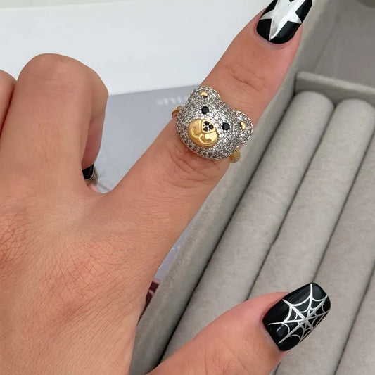 Elegant Dual-Tone Gold And Copper Bear Ring For Men And Women Open Line Design With Zirconia Stones Versatile For Daily Wear And Special Occasions