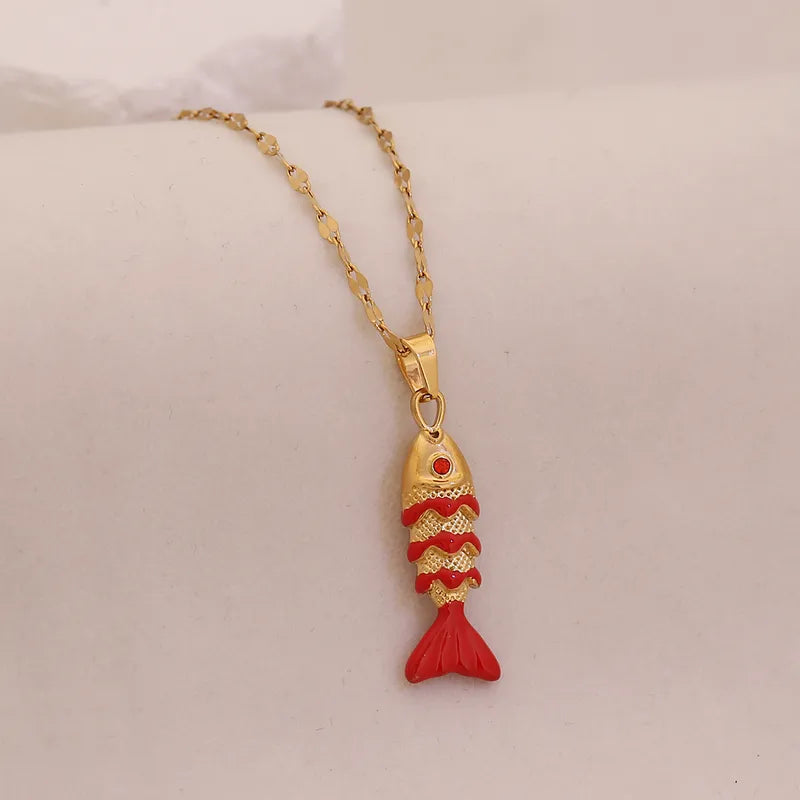 Elegant Enamel Koi Fish Necklace Women's Luxury Versatile Drip Oil Pendant Jewelry Golden Carp Fish Design Stainless Steel Chain