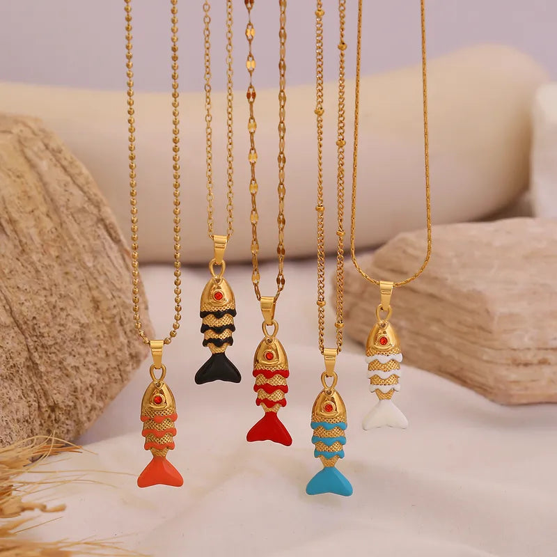 Elegant Enamel Koi Fish Necklace Women's Luxury Versatile Drip Oil Pendant Jewelry Golden Carp Fish Design Stainless Steel Chain