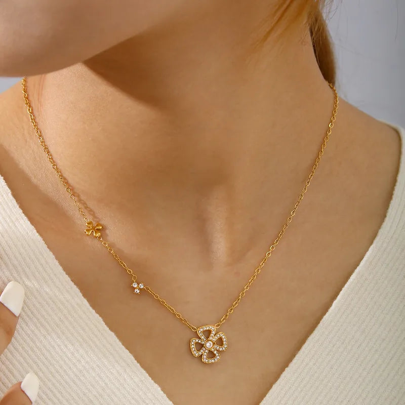 Elegant Fashion High-End Feeling Lucky Four-Leaf Clover Embedded Zircon Stainless Steel 18K Gold Plated Women's Necklace All Seasons Universal