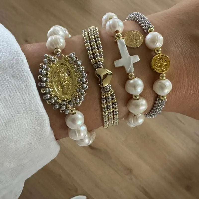 Elegant Fashion Multi-Style Pearl Design Cross Saint Image Bracelet Suitable For Ladies Daily Party Wear Casual Classic Artistic