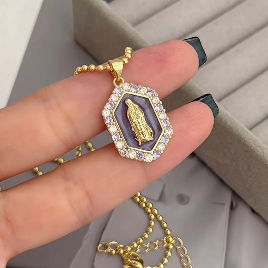 Elegant Fashionable Mary Portrait Pendant Necklace Copper Plated 18K Gold Cubic Zirconia Unisex Everyday Party Music Festival Travel Wear Unique Versatile Style