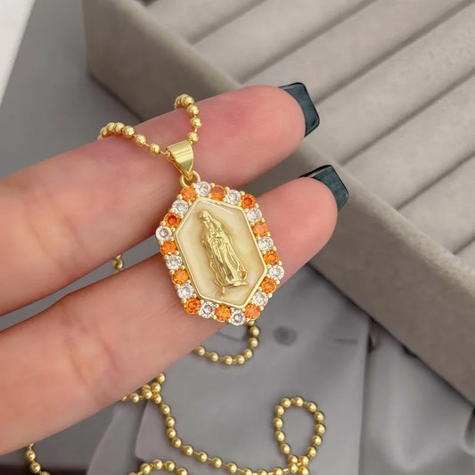 Elegant Fashionable Mary Portrait Pendant Necklace Copper Plated 18K Gold Cubic Zirconia Unisex Everyday Party Music Festival Travel Wear Unique Versatile Style