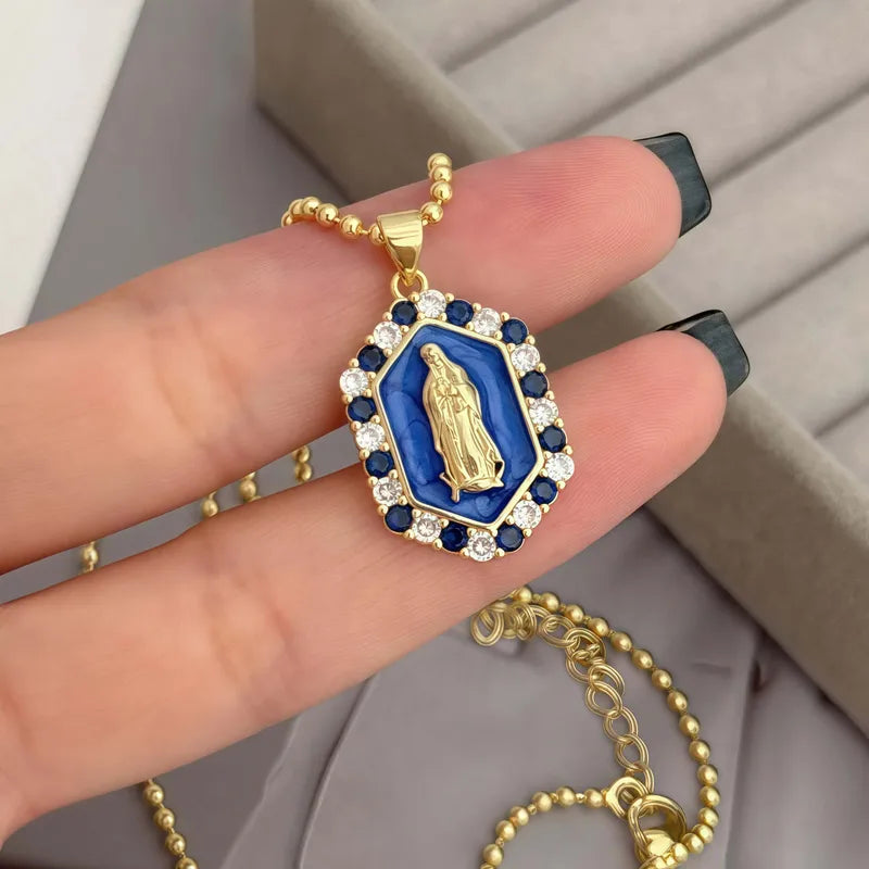 Elegant Fashionable Mary Portrait Pendant Necklace Copper Plated 18K Gold Cubic Zirconia Unisex Everyday Party Music Festival Travel Wear Unique Versatile Style