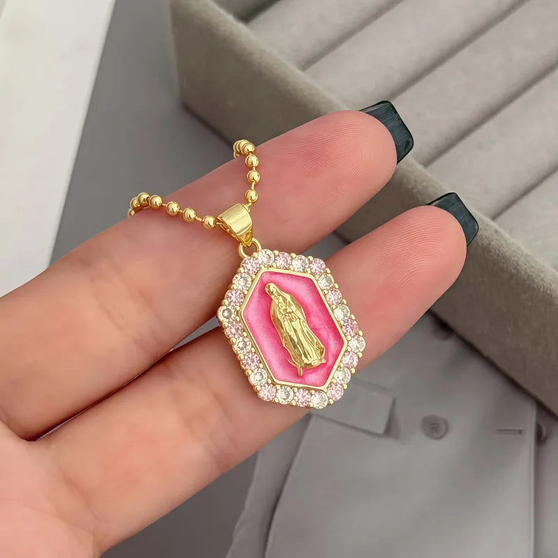 Elegant Fashionable Mary Portrait Pendant Necklace Copper Plated 18K Gold Cubic Zirconia Unisex Everyday Party Music Festival Travel Wear Unique Versatile Style