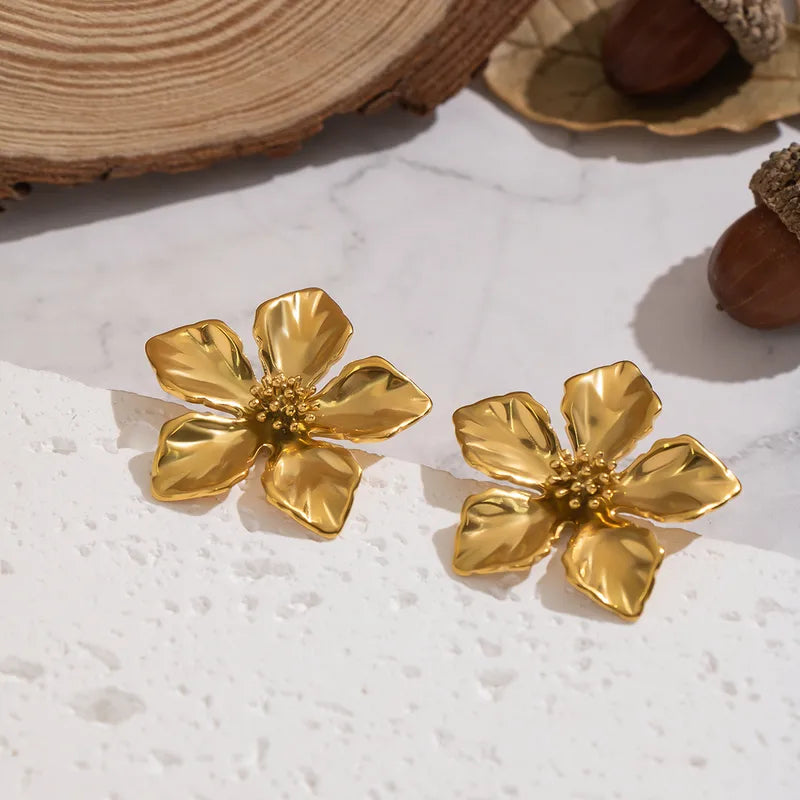 Elegant Floral Stainless Steel Earrings Fashionable Luxury Women's Accessories Butterfly Cap Ear Studs Polished Surface