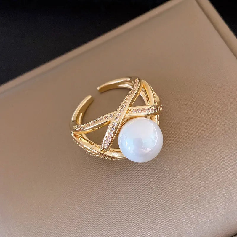 Elegant French Style Open Ring With Zircon Hollow Pearl Light Luxury High End Feeling Fashionable Versatile Personality Jewelry