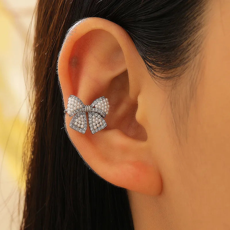 Elegant French Style Pearl Ear Cuff With Micro-Paved Zircon Butterfly Knot No Piercing Required Fine Jewelry Accessories