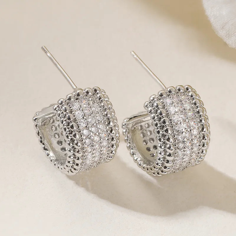 Elegant Geometric Copper Plated Zirconia Stud Earrings For Women Fashionable Retro Simple Style Suitable For Daily Use And Selfie