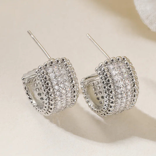 Elegant Geometric Copper Plated Zirconia Stud Earrings For Women Fashionable Retro Simple Style Suitable For Daily Use And Selfie