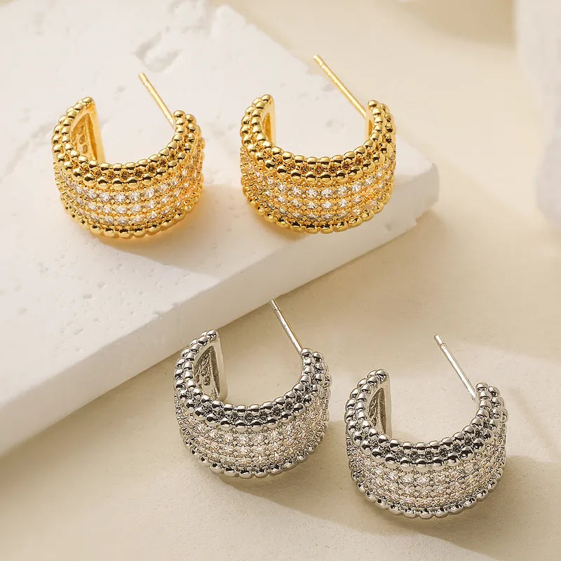 Elegant Geometric Copper Plated Zirconia Stud Earrings For Women Fashionable Retro Simple Style Suitable For Daily Use And Selfie