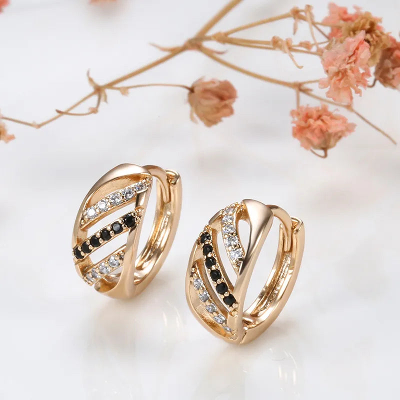 Elegant Hollow Out Black And White Line Zirconia Rose Gold Earrings Fashionable Geometric Patterned Studs Personality Jewelry