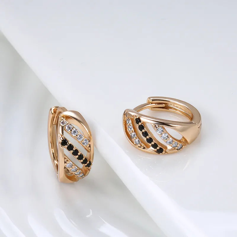 Elegant Hollow Out Black And White Line Zirconia Rose Gold Earrings Fashionable Geometric Patterned Studs Personality Jewelry