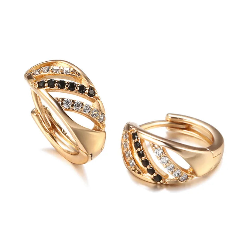 Elegant Hollow Out Black And White Line Zirconia Rose Gold Earrings Fashionable Geometric Patterned Studs Personality Jewelry