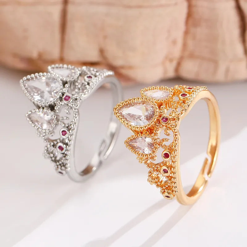 Elegant Hollow Out Diamond Embedded Zirconia Crown Ring For Women Adjustable Open Band High Fashion Jewelry Gift