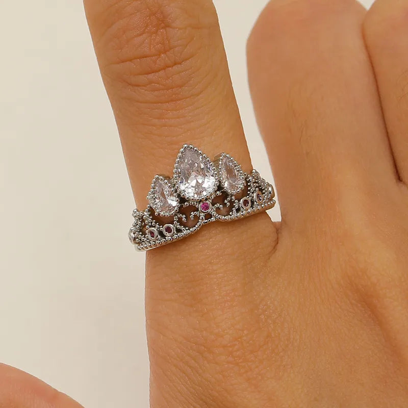 Elegant Hollow Out Diamond Embedded Zirconia Crown Ring For Women Adjustable Open Band High Fashion Jewelry Gift