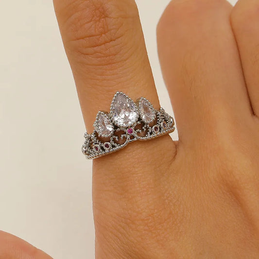 Elegant Hollow Out Diamond Embedded Zirconia Crown Ring For Women Adjustable Open Band High Fashion Jewelry Gift