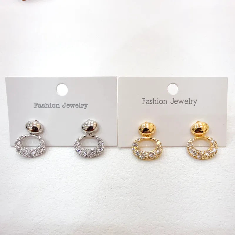 Elegant Hollow Out Round Zirconia Stud Earrings Fashionable Durable Women's Jewelry Casual Chic Polished Copper Post