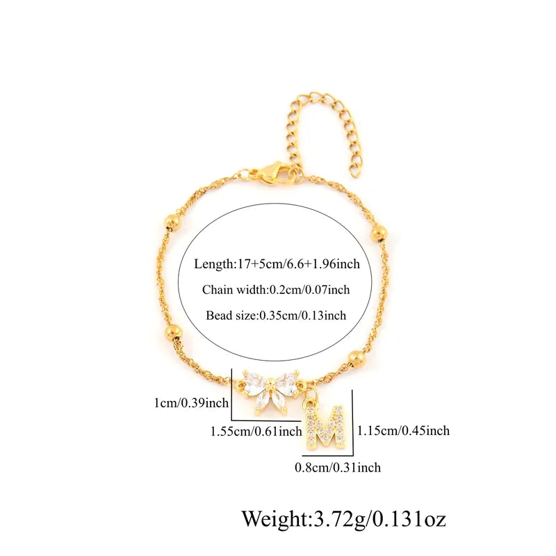 Elegant Initial Bowknot Gold 201 Stainless Steel Water Ripple Clip Ball Chain Women's Bracelet 18K Gold Plated