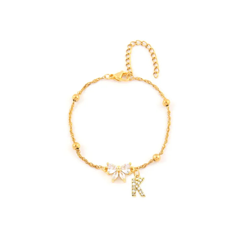 Elegant Initial Bowknot Gold 201 Stainless Steel Water Ripple Clip Ball Chain Women's Bracelet 18K Gold Plated