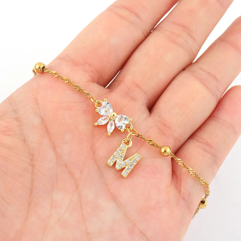 Elegant Initial Bowknot Gold 201 Stainless Steel Water Ripple Clip Ball Chain Women's Bracelet 18K Gold Plated