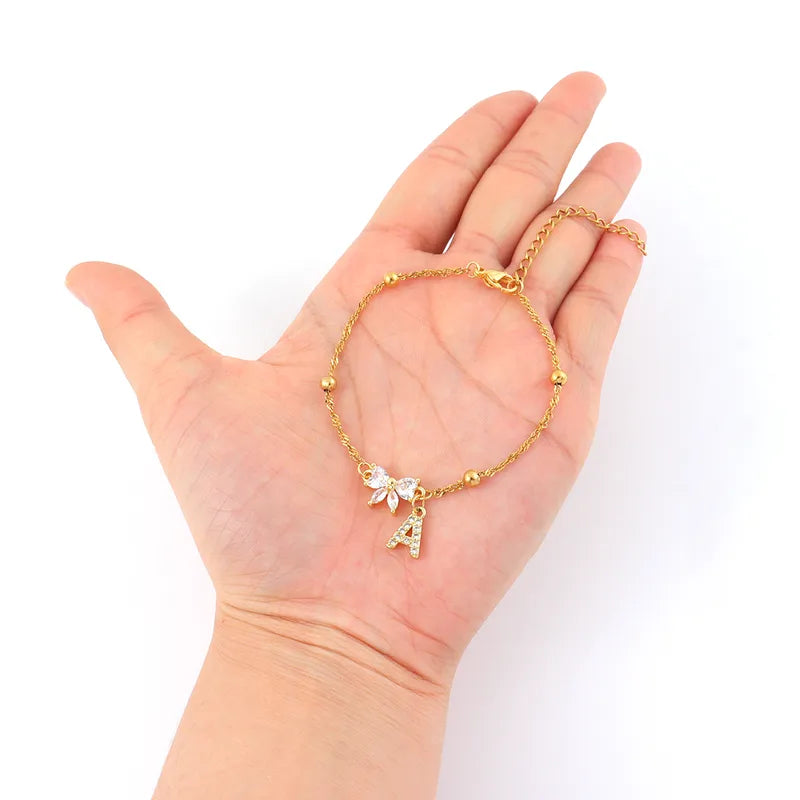 Elegant Initial Bowknot Gold 201 Stainless Steel Water Ripple Clip Ball Chain Women's Bracelet 18K Gold Plated
