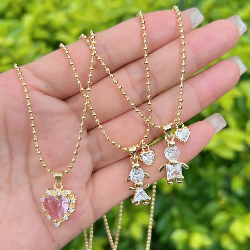 Elegant Lobster Clasp Pendant Necklace For Women Classic Style Heart Design Boy Girl Jewelry Copper Plated 18K Gold Embedded Zirconia