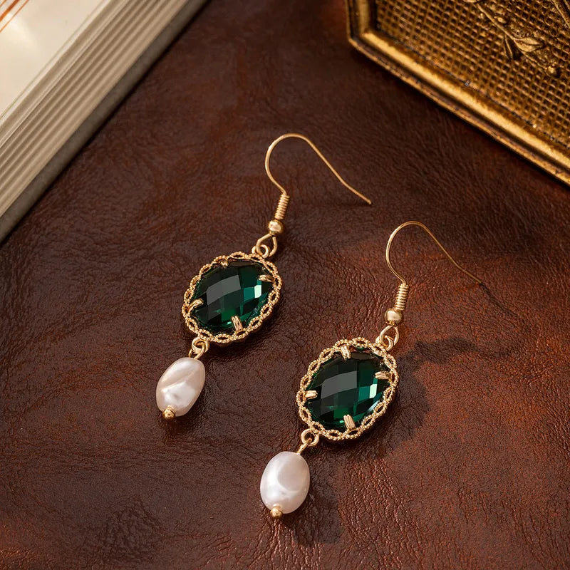 Elegant Long Green Crystal Glass Pearl Earrings Baroque Style Luxury Feelings Court Fashion Jewelry