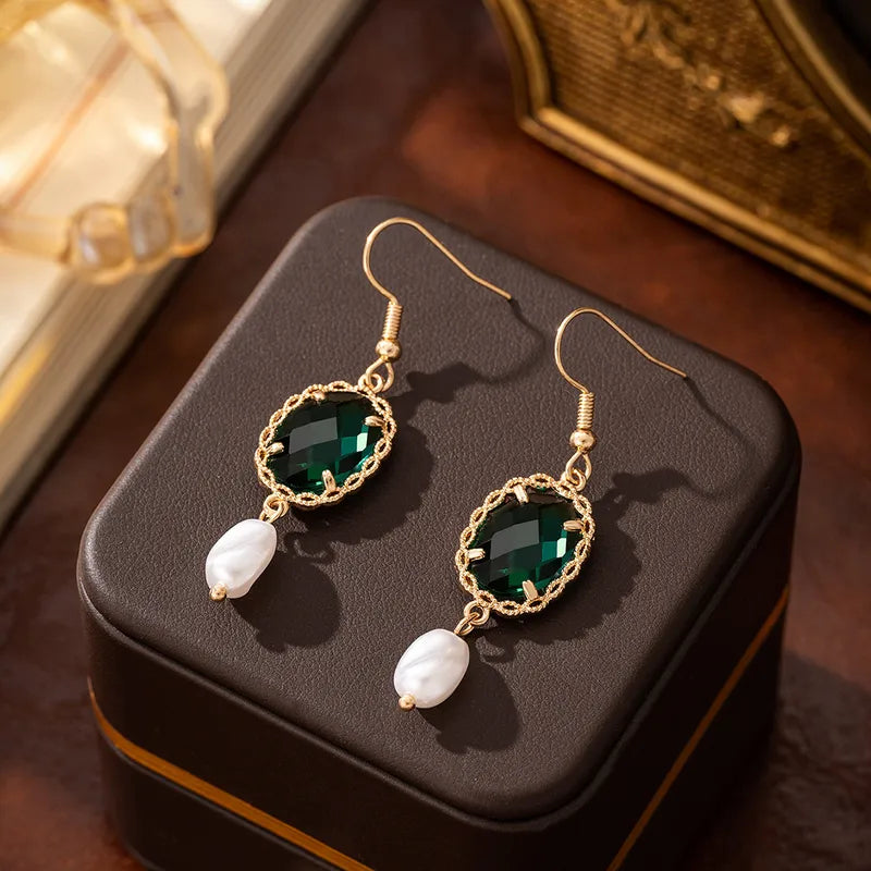 Elegant Long Green Crystal Glass Pearl Earrings Baroque Style Luxury Feelings Court Fashion Jewelry