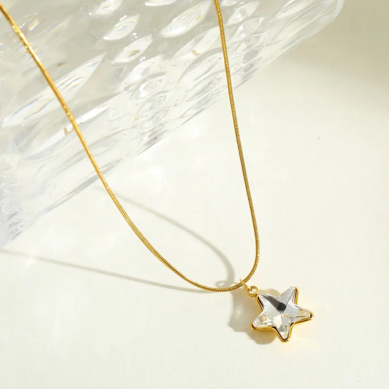 Elegant Minimalist 18K Gold Plated Stainless Steel Zirconia Embedded Star Pendant Necklace For Casual Daily Date Selfie Festival