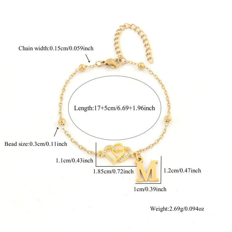 Elegant Minimalist Initial Embellished Zircon Double Heart Stainless Steel Ball Clasp Bracelet For Women Classic Style Chain