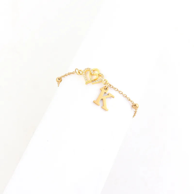 Elegant Minimalist Initial Embellished Zircon Double Heart Stainless Steel Ball Clasp Bracelet For Women Classic Style Chain