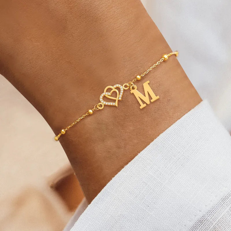 Elegant Minimalist Initial Embellished Zircon Double Heart Stainless Steel Ball Clasp Bracelet For Women Classic Style Chain