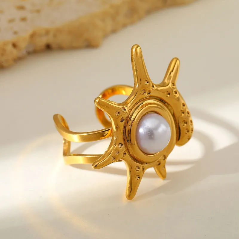 Elegant Open Ring Simulated Pearl Sun Star 18K Gold Plated Stainless Steel Adjustable Size For Birthday Party Date Holiday Tea Party