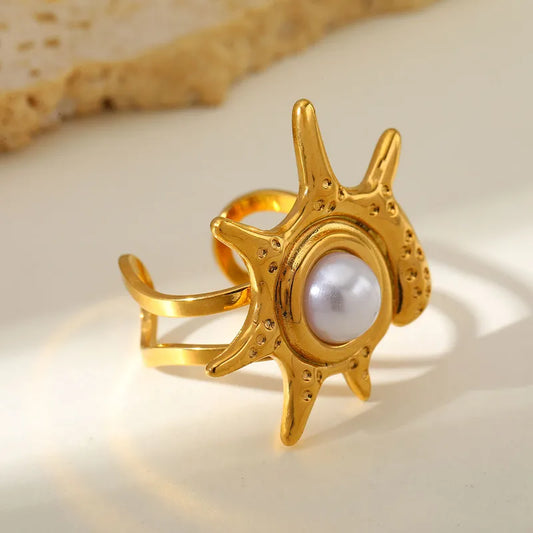 Elegant Open Ring Simulated Pearl Sun Star 18K Gold Plated Stainless Steel Adjustable Size For Birthday Party Date Holiday Tea Party
