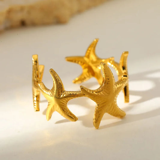 Elegant Open Ring Simulated Pearl Sun Star 18K Gold Plated Stainless Steel Adjustable Size For Birthday Party Date Holiday Tea Party