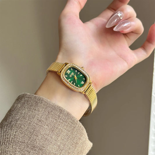 Elegant Oval Quartz Watch For Women Fashionable Lightweight Diamond Embedded Stainless Steel Bracelet Hand Chain Wristwatch