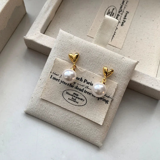Elegant Pearl Heart Shaped Earrings For Women Luxury Fashion Spring Summer Gold Plated Copper Jewelry French Vintage Style