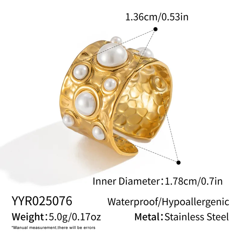 Elegant Pearl Stainless Steel Ring Texture Luxury Open Hand Jewelry For Women Market Stall Gold Plated Adjustable Size