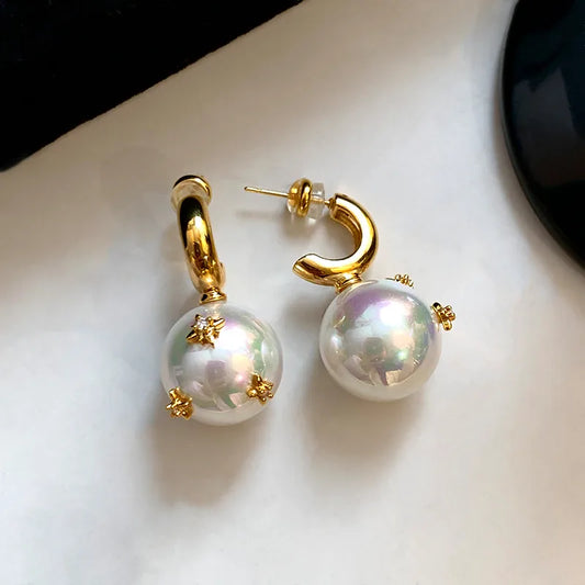 Elegant Pearl Stud Earrings Women's Fashion Starburst Shiny Colorful Silver Needle High-End Sensation Ear Jewelry Accessories