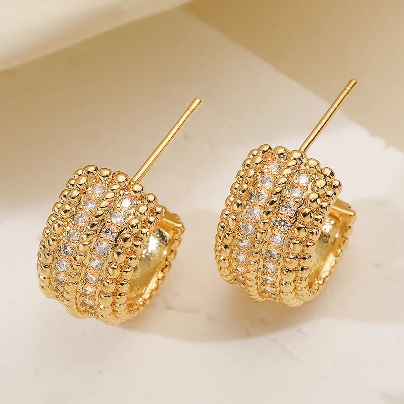 Elegant Retro C-Shaped Earrings Women's Versatile Copper Plated 18K Gold Zirconia Studs Fashionable Everyday Jewelry