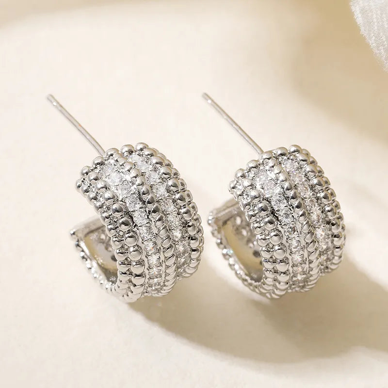 Elegant Retro C-Shaped Earrings Women's Versatile Copper Plated 18K Gold Zirconia Studs Fashionable Everyday Jewelry