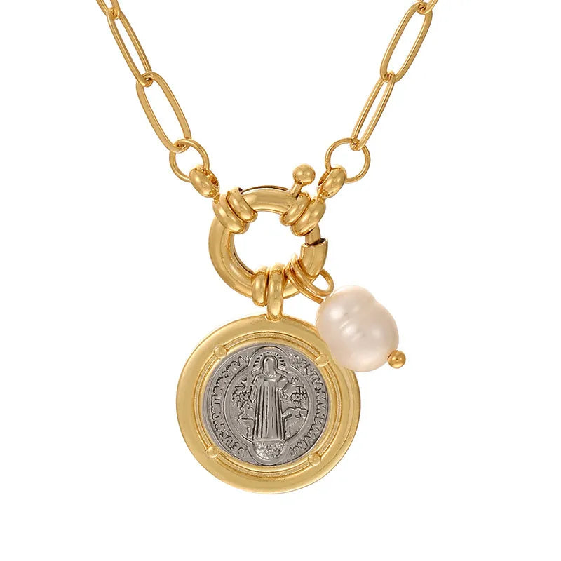 Elegant Retro Religious Geometric Round Mother Of Pearl Pendant Ring Necklace Jewelry Accessories For Women British Style