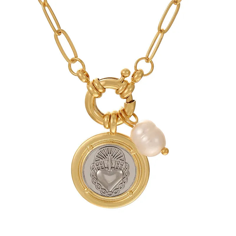 Elegant Retro Religious Geometric Round Mother Of Pearl Pendant Ring Necklace Jewelry Accessories For Women British Style