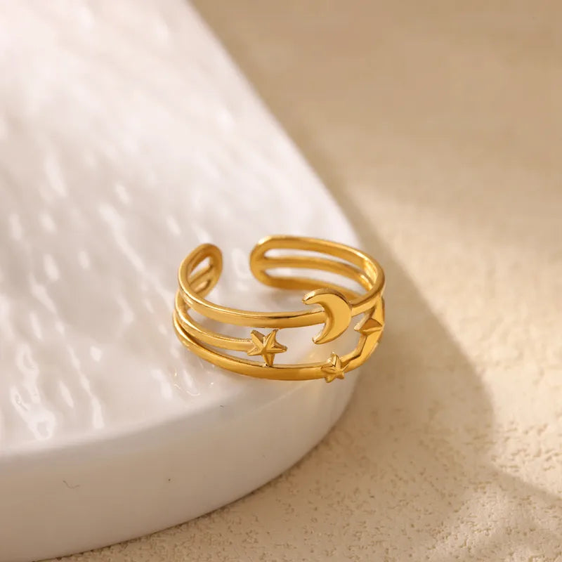 Elegant Romantic Moon Star Zirconia Shiny Ring For Men And Women Stainless Steel Leaf Geometry Mosaic Daily Wear Luxury Jewelry Accessories